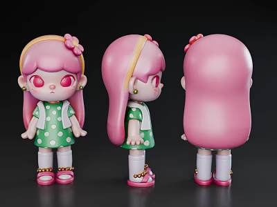 Game Movie Character Figure With Pink Hair Green Polka Dot Dress Yellow Headband Flower Accessory 3d model