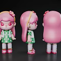 Game Movie Character Figure With Pink Hair Green Polka Dot Dress Yellow Headband Flower Accessory