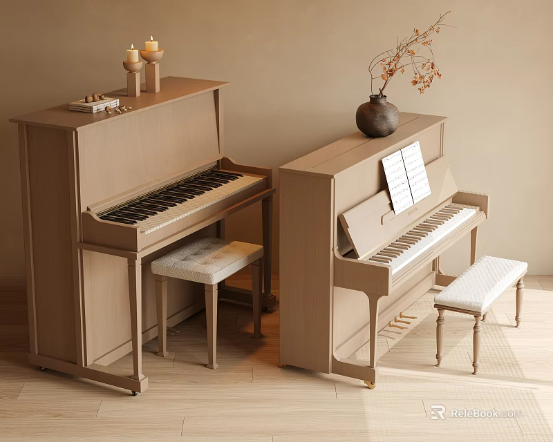 Musical Instruments And Art Supplies Interior Design Featuring Wooden Pianos Sheet Music Vase And Candlesticks 3d model 