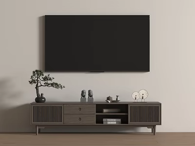 Wooden TV Stand With Wall Mounted TV Small Potted Plant Figurines And Decorative Items 3d model