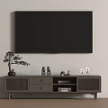 Wooden TV Stand With Wall Mounted TV Small Potted Plant Figurines And Decorative Items