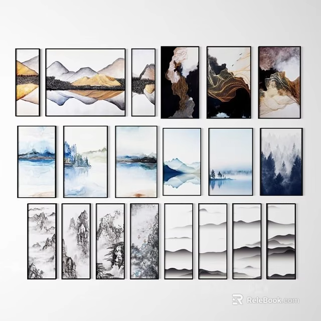 Traditional Modern Ink Wash Landscape Paintings With Mountain Water And Black White Blue Gold Tones 3d model 