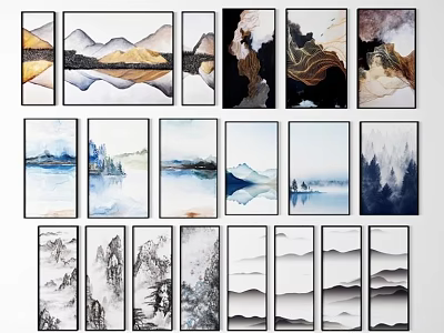 Traditional Modern Ink Wash Landscape Paintings With Mountain Water And Black White Blue Gold Tones 3d model