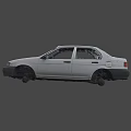 White Sedan Car With Missing Wheels And Worn Exterior Parts