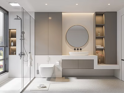 Modern Bathroom Interior Design With Glass Shower Round Mirror Vanity And Storage Cabinets 3d model
