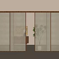 Modern Wooden Frame Sliding Doors With Glass Panels In Minimalist Interior Space And Indoor Plant