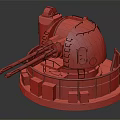 Military Bunker Model With Dome Shaped Design Dual Barrel Cannon Stone Wall Enclosure Grass Base