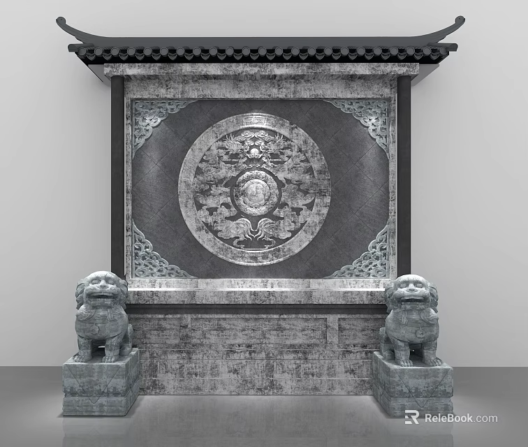 Traditional Chinese Screen Wall With Ornate Circular Relief Carving And Stone Lion Statues 3d model 