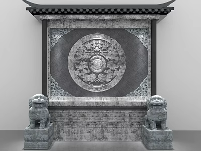 Traditional Chinese Screen Wall With Ornate Circular Relief Carving And Stone Lion Statues 3d model
