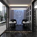 Modern Lounge Area Interior Design With Arched Doorway Gray Decorative Wall Marble Floor And Green Plant