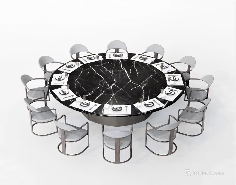 Modern Round Dining Table Set with Black Marble Top and Gray Metal Leg Chairs 3d model 
