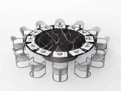 Modern Round Dining Table Set with Black Marble Top and Gray Metal Leg Chairs 3d model
