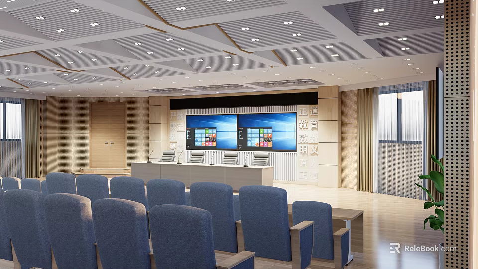 School Modern Auditorium With Blue Seats Large Screens And Ceiling Lights 3d model 
