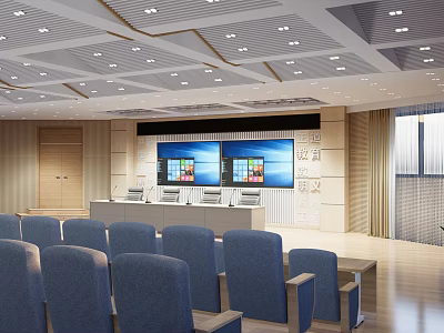 School Modern Auditorium With Blue Seats Large Screens And Ceiling Lights 3d model