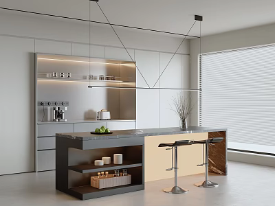 Modern Kitchen Interior Design Featuring Spacious Island Counter With Cabinets And Bar Stools 3d model