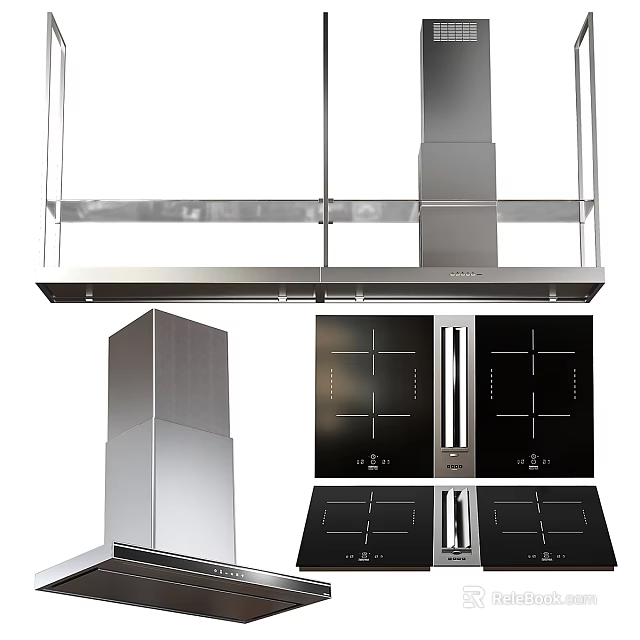 Modern Stainless Steel Kitchen Appliances With Range Hood And Black Glass Cooktop 3d model 