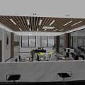 Modern Public Office Area With Marble Reception Desk Open Layout Wooden Strip Ceiling And Windows