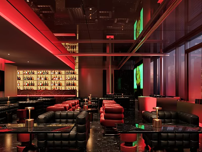 Modern Bar Interior Design With Wine Racks Red Sofas Black Furniture And Lighting 3d model