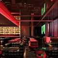 Modern Bar Interior Design With Wine Racks Red Sofas Black Furniture And Lighting