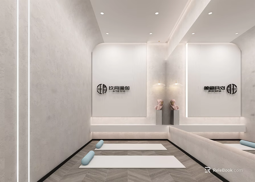 Modern Fitness Studio Interior With Yoga Mats Mirrored Walls And Bright Lighting 3d model 