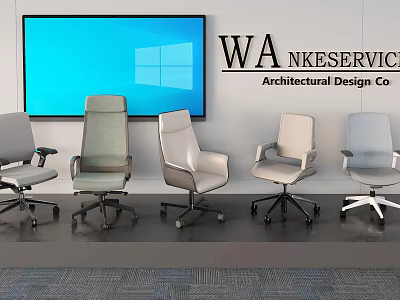 Five Modern Office Chairs In Different Designs Showcased With Large Screen Backdrop 3d model