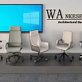 Five Modern Office Chairs In Different Designs Showcased With Large Screen Backdrop