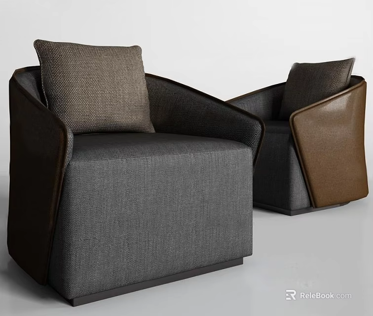 Modern Single Sofa Design With Grey Fabric And Brown Leather Accents 3d model 
