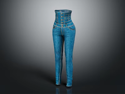 Blue High Waist Corset Design Denim Jeans With Slim Fit Long Pants 3d model