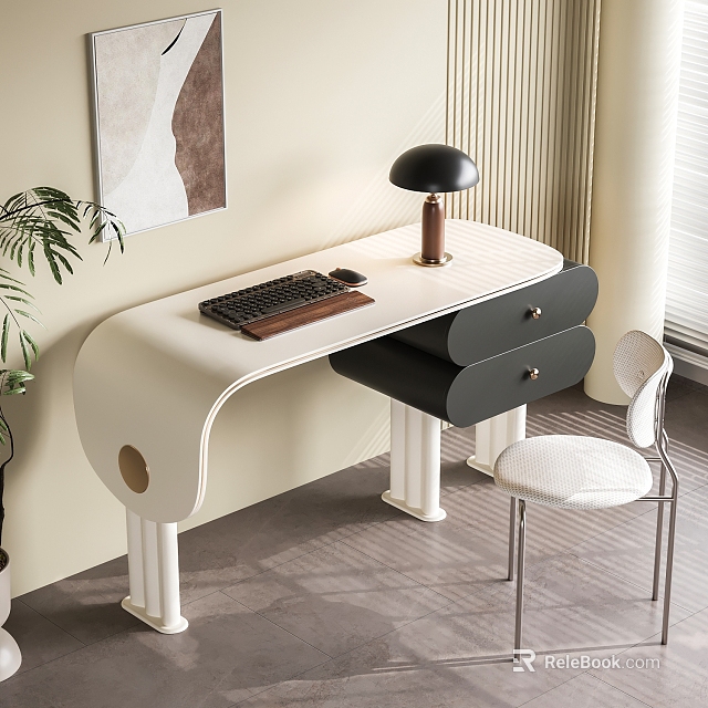 Modern Curved Desk With White And Black Design Drawers Lamp Keyboard And Chair 3d model 