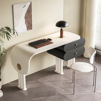 Modern Curved Desk With White And Black Design Drawers Lamp Keyboard And Chair 3d model