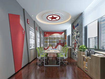 Modern Meeting Room With Red Decor Circular Ceiling Green Chairs Wall Charts And Wooden Flooring 3d model