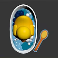 Yellow Rubber Duck Doll in White Bathtub with Blue Water Bubbles and Red Brush