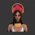 Mythical Female Character With Red Gold Headdress Golden Collar And White Attire Near Creature