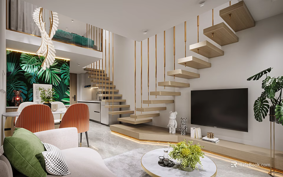 Modern Apartment Living Room With Spiral Staircase Wooden Steps Orange Chairs Green Plants TV Chandelier 3d model 