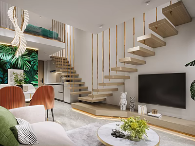 Modern Apartment Living Room With Spiral Staircase Wooden Steps Orange Chairs Green Plants TV Chandelier 3d model