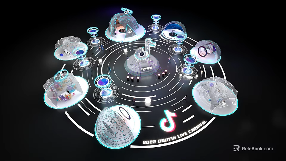 2025 Coachella Live Stream Futuristic Spherical Structures Circular Tracks Neon Lights Virtual Stage 3d model 