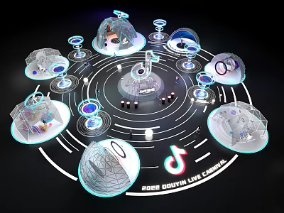 2025 Coachella Live Stream Futuristic Spherical Structures Circular Tracks Neon Lights Virtual Stage 3d model