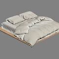 Minimalist Double Bed With Wooden Platform Frame And Light Beige Bedding 3d model