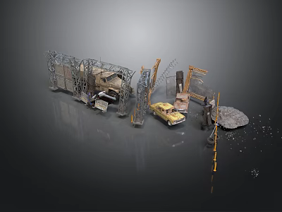 Tactical Scenario Components With Barbed Wire Fence Abandoned Vehicles And Roadblocks 3d model