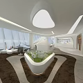 Modern Luxury Sales Office Interior With White Curved Design Greenery Round Seats And Large Screen