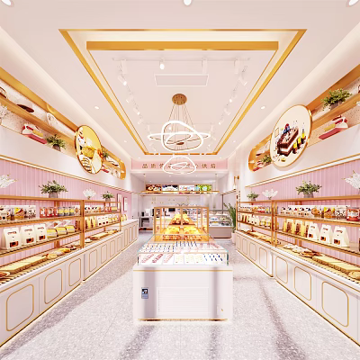 Elegant Dessert Shop Interior With Bright Chandeliers Pink White Walls Display Shelves And Assorted Pastries 3d model