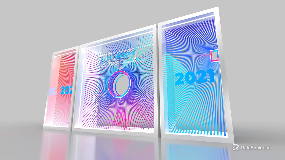 Colorful Photo Check In Spot With Three Display Boards And 2021 Geometric Patterns 3d model 