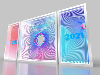Colorful Photo Check In Spot With Three Display Boards And 2021 Geometric Patterns 3d model