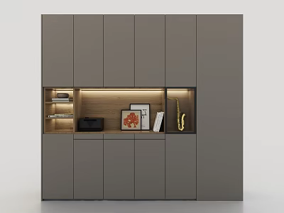 Modern Entryway Cabinet Sideboard With Gray Cabinetry Open Storage Built In Lighting And Decorative Items 3d model