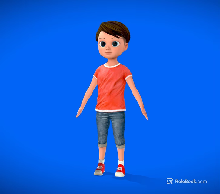 Boy in Red T-Shirt Blue Denim Capri Pants and Red Sneakers Against Blue Background 3d model 