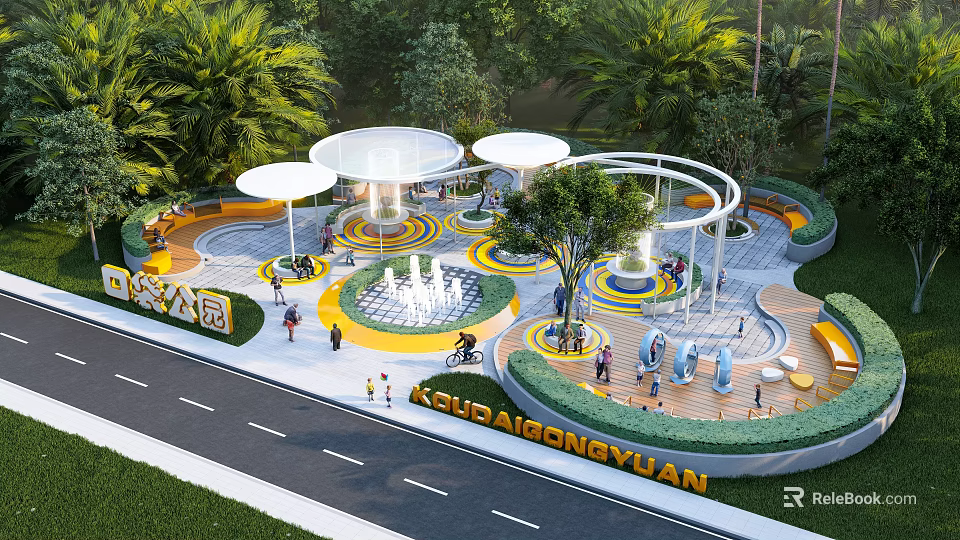 Scenic Public Park Landscape With Circular Rest Zones Fountain Palm Trees And Play Areas 3d model 