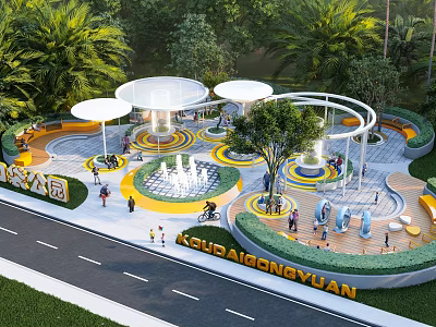 Scenic Public Park Landscape With Circular Rest Zones Fountain Palm Trees And Play Areas 3d model