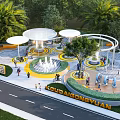 Scenic Public Park Landscape With Circular Rest Zones Fountain Palm Trees And Play Areas