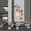 Modern Dining and Living Room Interior With Sofa Coffee Table Artwork Shelves And Area Rug
