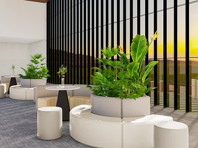 Modern Lounge Area With White Curved Sofas Black Slat Walls Green Plants Sunset View 3d model